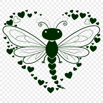 A colorful illustration of a dragonfly with heart shapes surrounding its body.