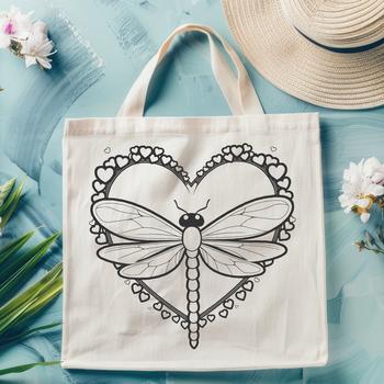 A colorful dragonfly design with love hearts surrounding its body.