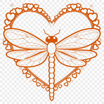 A colorful illustration of a dragonfly with heart-shaped patterns on its wings.