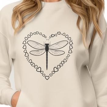 A colorful dragonfly illustration with love hearts surrounding it.