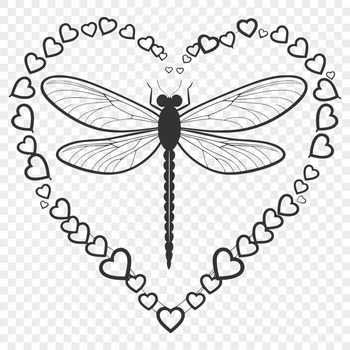 A colorful dragonfly illustration with love hearts, created as a vector graphic.