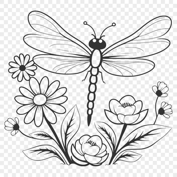 A detailed vector illustration of a dragonfly in flight, surrounded by floral elements.