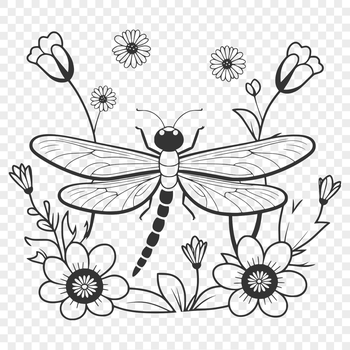 A detailed illustration of a dragonfly in mid-air, with intricate patterns inspired by floral elements.