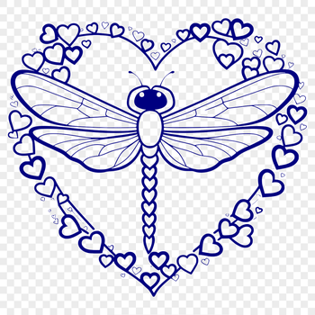 Close-up illustration of a colorful dragonfly with love hearts surrounding its body, created as an editable vector design.