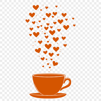 A stylized illustration of a coffee cup with love hearts surrounding it.