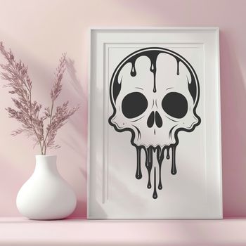 A dripping skull graphic with gothic design elements, suitable for Halloween decorations and designs.