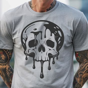 A graphic illustration of a skull with dripping liquid or blood effects.