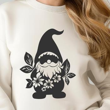 A mythical knome stands in full body view, surrounded by floral elements.