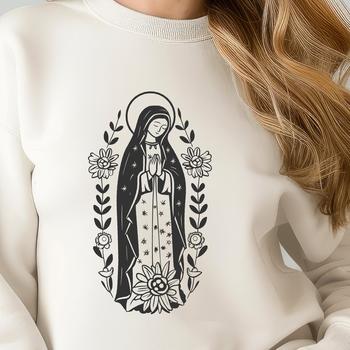 A detailed illustration of the Virgin Mary in a full-body ornate depiction surrounded by floral patterns.