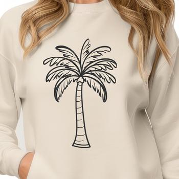 A stylized illustration of palm trees on a sunny beach.