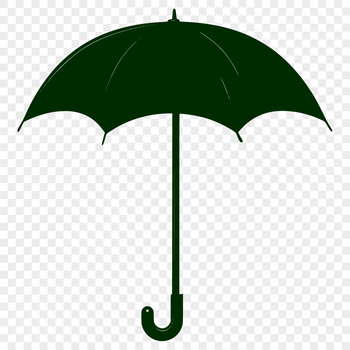 A simple silhouette of a classic umbrella with a rounded canopy and sturdy handle.