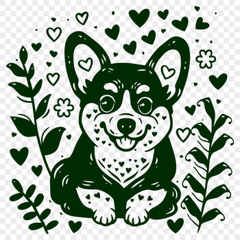 A full-body illustration of a Welsh Corgi dog in a relaxed pose, surrounded by stylized floral patterns.