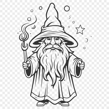 A full-body illustration of a wizard in a fantasy setting.