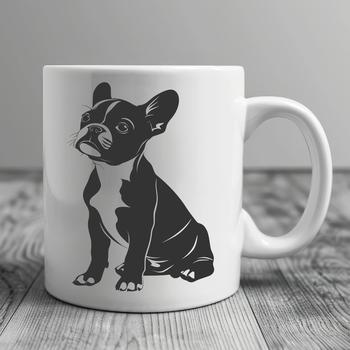 A vector graphic design featuring a Boston Terrier in a sitting position.