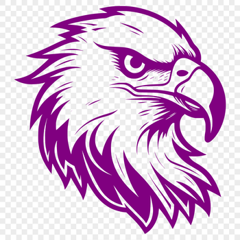 A close-up illustration of an eagle's head with detailed feathers and sharp beak.