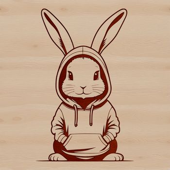 A cartoon rabbit standing on its hind legs, wearing a hoody.