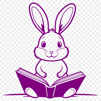 A cartoon rabbit sitting on a surface with an open book in front of it.