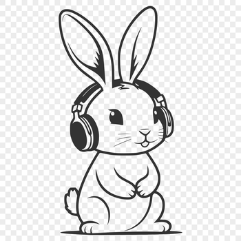 A sitting rabbit with headphones on, depicted in vector style.