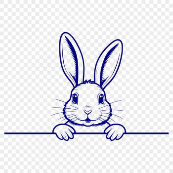 A cute white rabbit peeking out from behind a flower with its head turned slightly to the side.