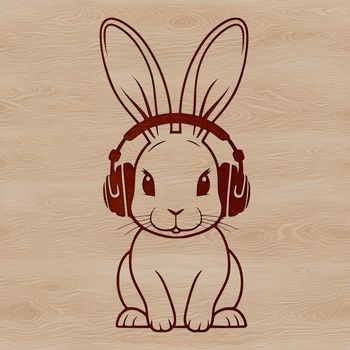A cartoon-style rabbit character sitting on the ground with headphones on its head.