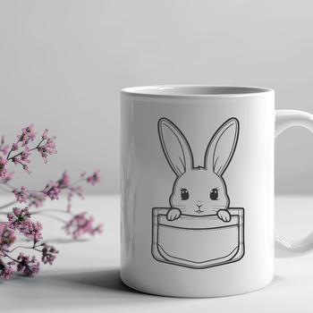 A cartoon rabbit peeking out from behind a pocket or pouch.