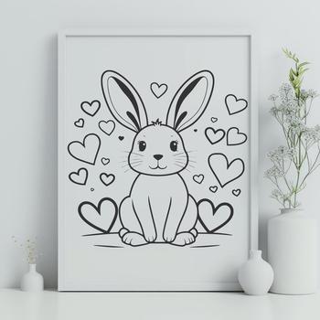A cute, full-body cartoon rabbit with love hearts, sitting in a neutral background.