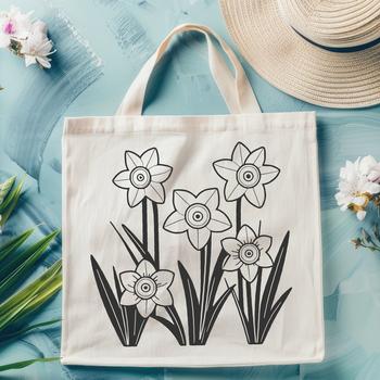 Illustrated daffodil flower with green stem and leaves, suitable for vector designs and crafts.