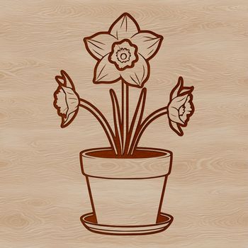 A single white daffodil blooming in a blue ceramic flower pot on a green grassy background.