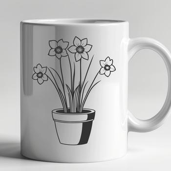 A single daffodil plant in full bloom, rising from a white ceramic pot with green foliage.