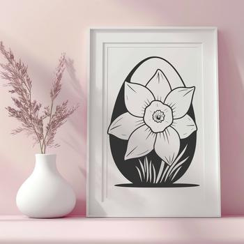 A stylized illustration of a decorated Easter egg with daffodils in the background.