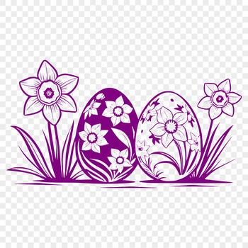 A colorful digital illustration of a traditional Easter egg with daffodils in the background.