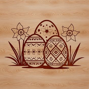 Illustrated vector design of a stylized Easter egg surrounded by blooming daffodils.