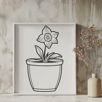 Close-up illustration of a single daffodil in a flower pot.