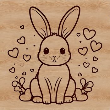 A cartoon rabbit sitting with love hearts surrounding it, suitable for Easter-themed designs.