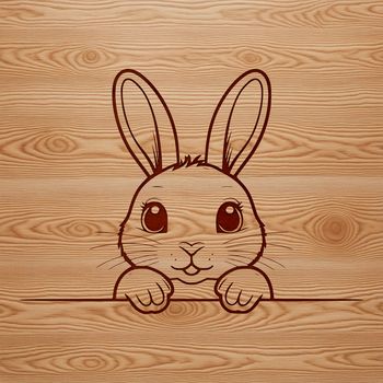 A cartoon-style illustration of a rabbit's head peeking out from behind a floral wreath.