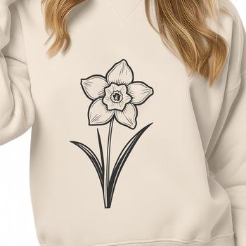 A stylized illustration of a daffodil flower with three trumpet-shaped petals and six narrow leaves.