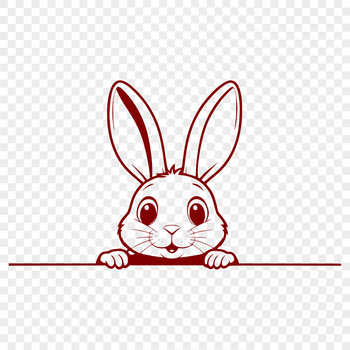 A close-up illustration of a rabbit's head peeking out from behind some Easter-themed decorations.