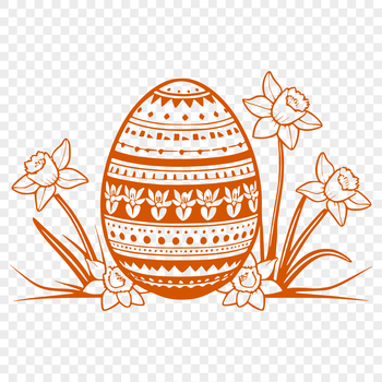 A digital illustration of a colorful Easter egg with a daffodil pattern.