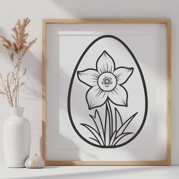 A digital illustration of a colorful Easter egg with spring flowers and greenery surrounding it.
