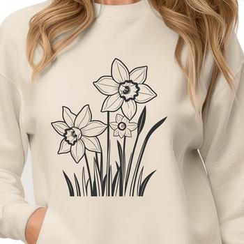 An isolated illustration of a daffodil plant in bloom.