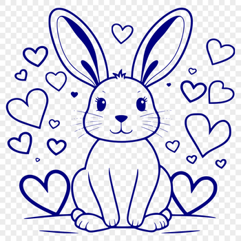 A full-body illustration of a sitting rabbit surrounded by love hearts, suitable for various design projects.
