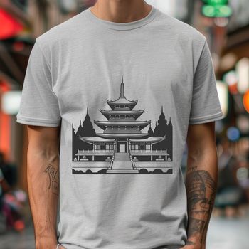 An intricate vector design of a Buddhist temple structure with ornate details.