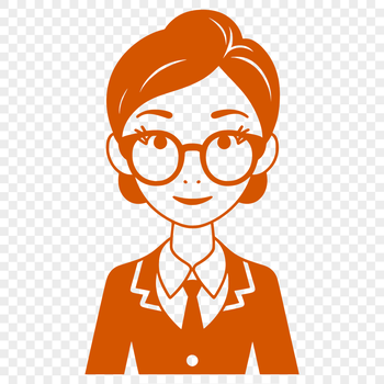 A professional illustration of a woman in a teacher's attire standing in front of a blackboard.