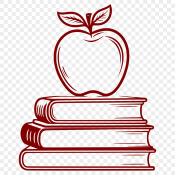 A digital illustration of an apple-shaped book with a teacher's desk in the background, suitable for educational purposes.