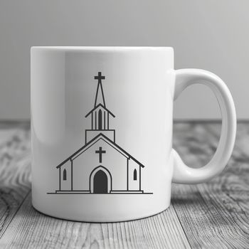A stylized illustration of a traditional Baptist church with a simple design.