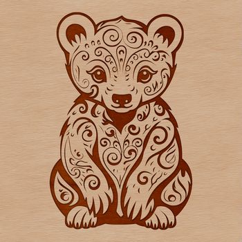 A stylized illustration of a bear sitting in a decorative pose.