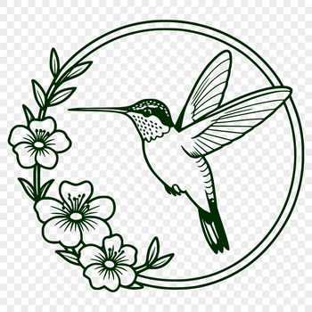 Illustration of a hummingbird in flight above a garden filled with flowers.