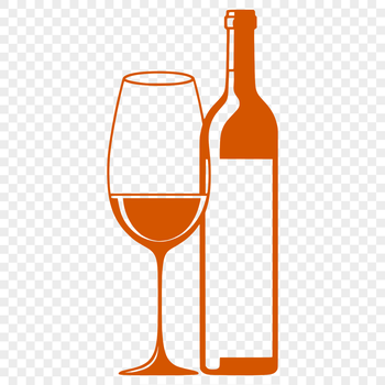 A digital illustration of a glass filled with red wine next to an empty bottle.