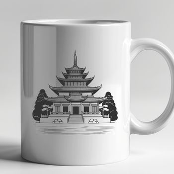An isolated vector design of a serene Buddhist temple building with ornate details.