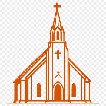 A detailed illustration of a traditional Catholic church with a prominent steeple and ornate architecture.